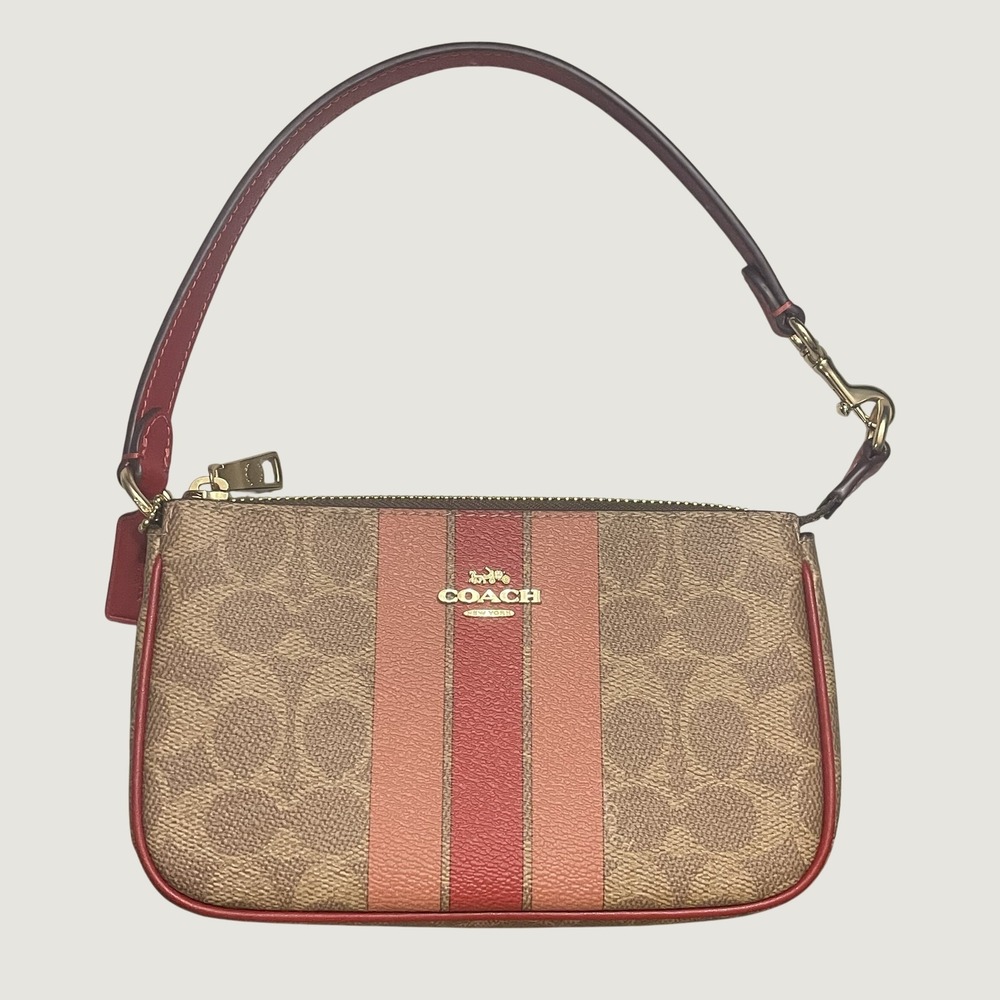Coach Nolita 19 Wristlet CAQ04 Signature Canvas Stripe Tan Red NWT